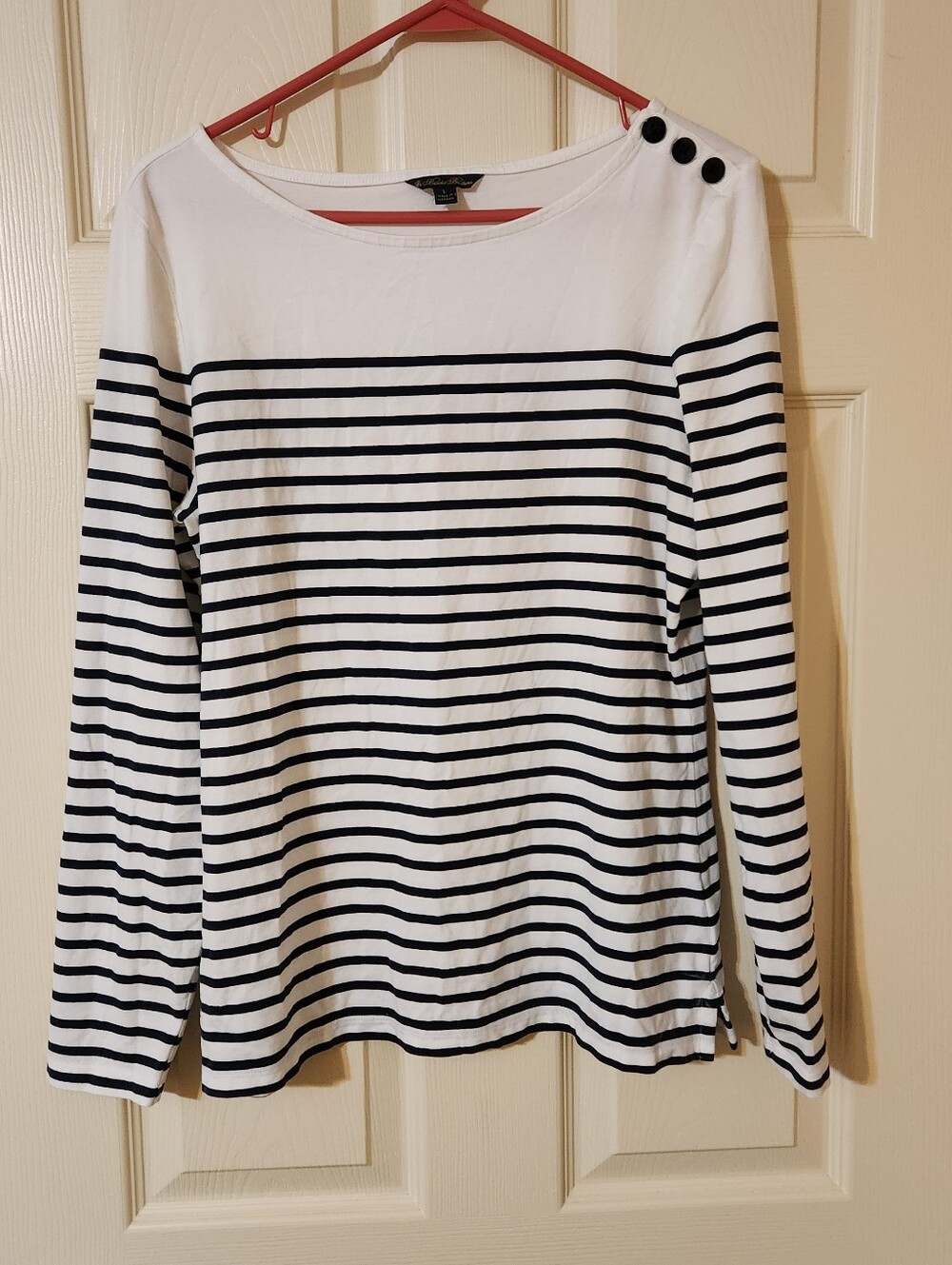 Brooks Brothers Striped Boat Neck Knit Long Sleeve Top White Navy L Nautical